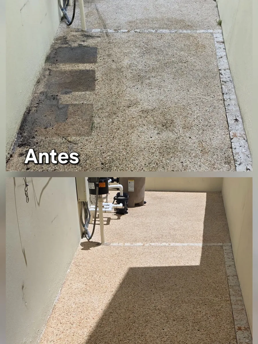 Antes y después de restaurar un piso de coralina junto al área de piscina